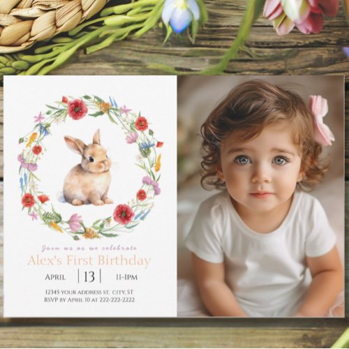Bunny Invitation Floral with photo customizable