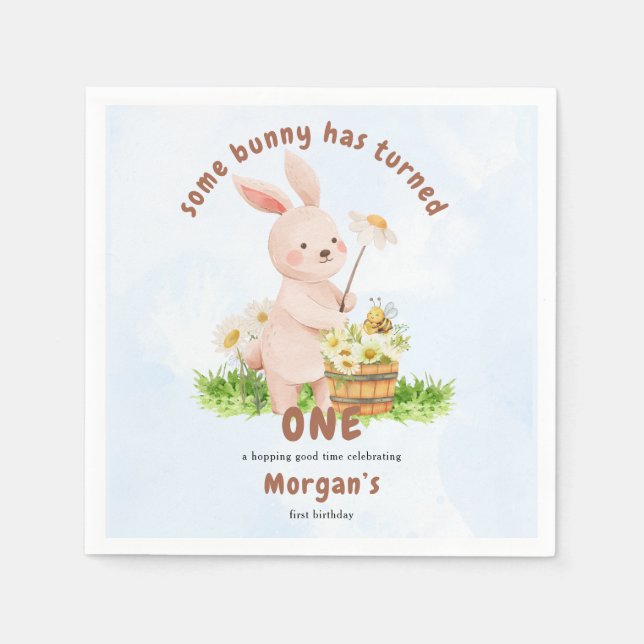 Bunny Is Turning One Cute Baby Rabbit 1st Birthday Napkins (Front)