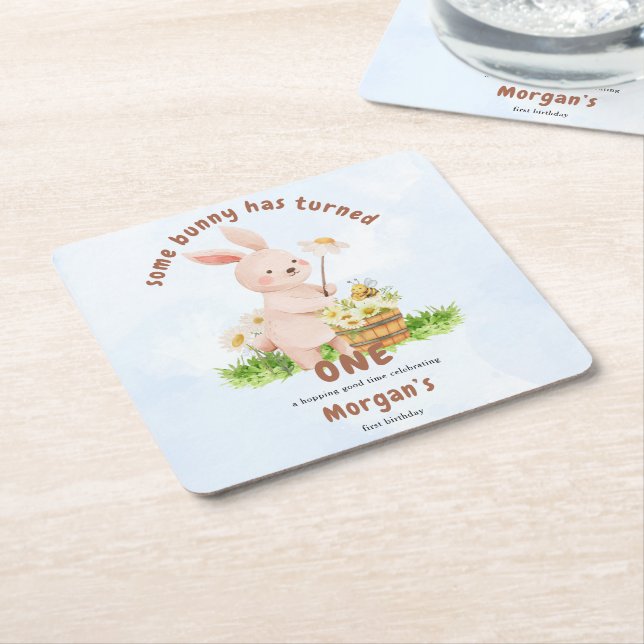 Bunny Is Turning One Cute Baby Rabbit 1st Birthday Square Paper Coaster (Angled)
