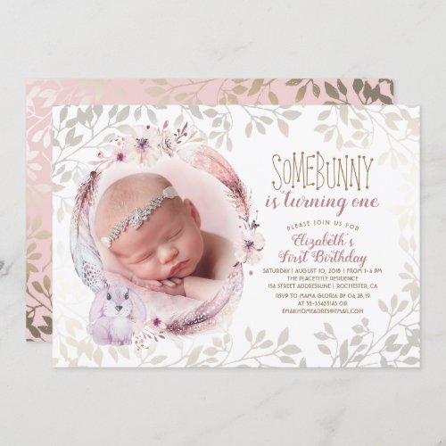 Bunny Is Turning One Girls First Birthday Photo Invitation