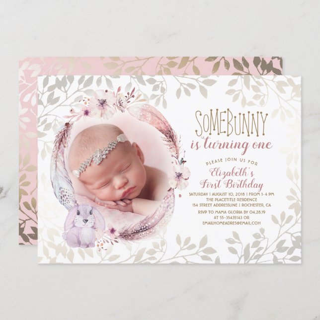 Bunny Is Turning One Girl's First Birthday Photo Invitation (Front/Back)