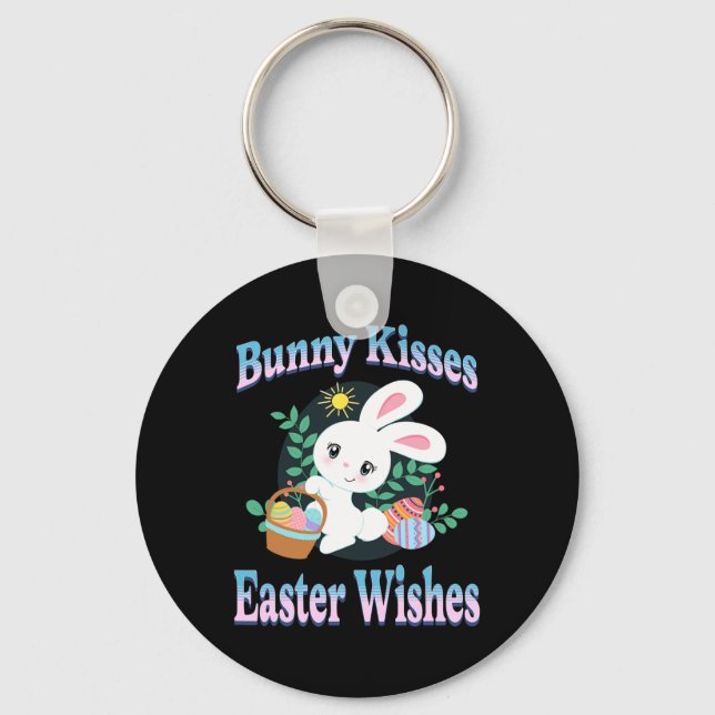 Bunny Kisses Easter Wishes Cute Easter Bunny Eggs  Keychain (Front)