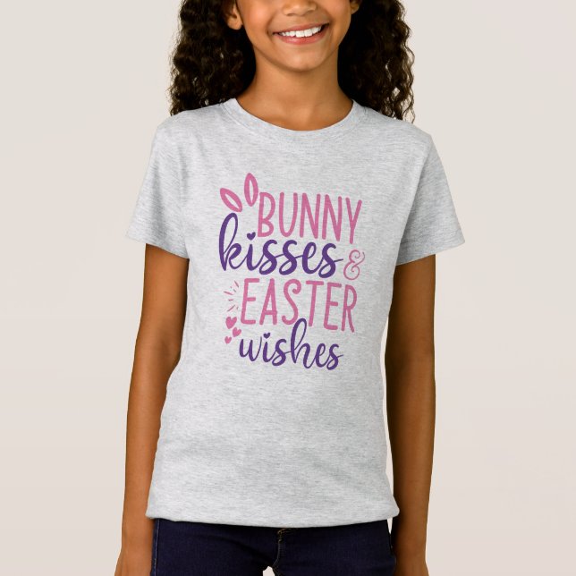 Bunny Kisses Easter Wishes Cute Pink Purple Easter T-Shirt (Front)
