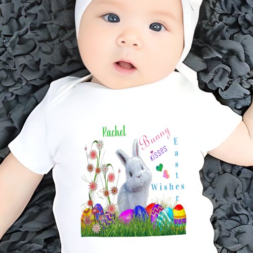 Bunny Kisses Easter Wishes Personalized Baby Name Baby Bodysuit