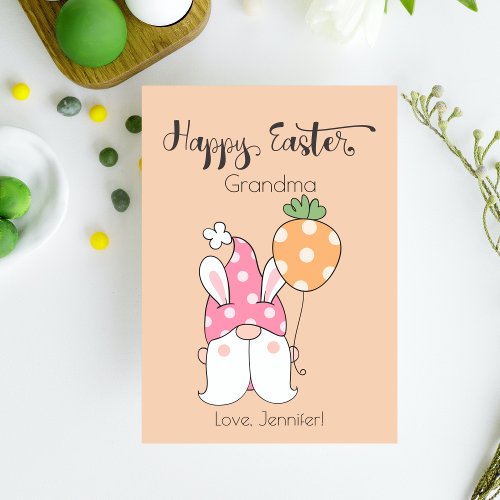 Bunny Lady Gnome With Balloon Happy Easter Script Holiday Card