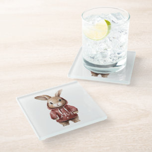 Bunny Love in Red Coat Glass Coaster