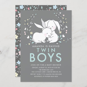 Bunny Love Twin Boys Baby Shower Invitation