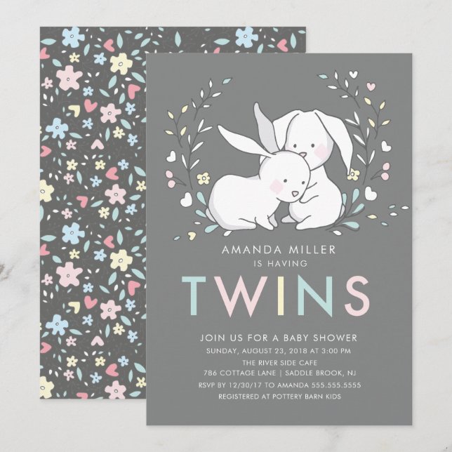Bunny Love TWINS Baby Shower Invitation (Front/Back)