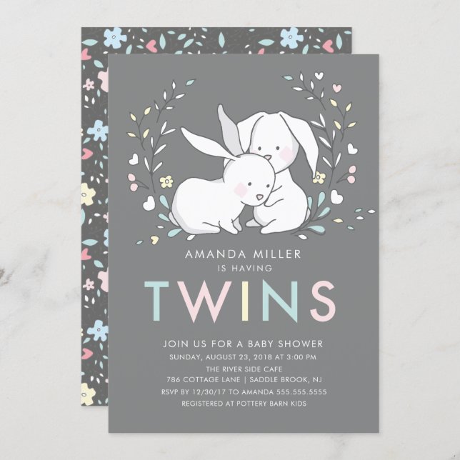Bunny Love TWINS Baby Shower Invitation (Front/Back)