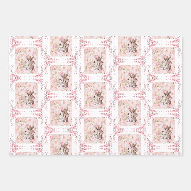 Bunny Love with pink roses Wrapping Paper Sheets (Front)