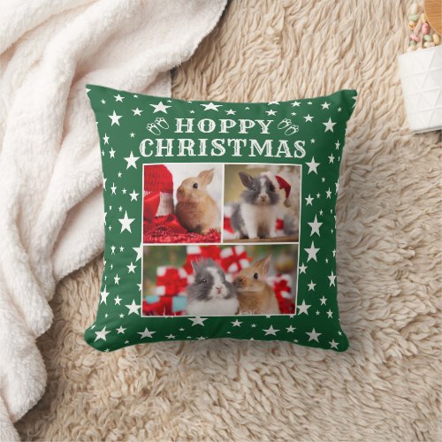 Bunny Lovers Festive Green Three Photo Christmas Throw Pillow