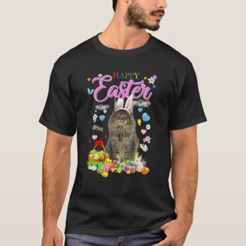 Bunny Maine Coon Cat Happy Easter Eggs T_Shirt