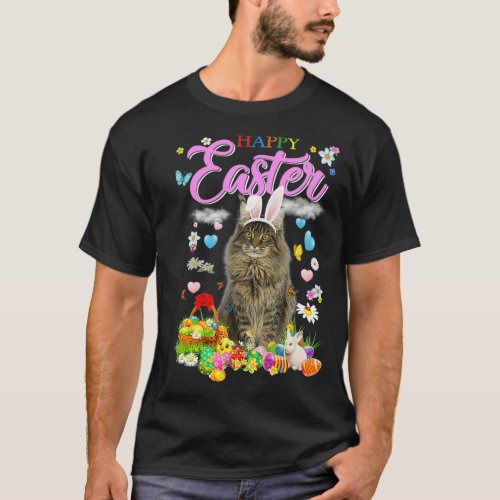 Bunny Maine Coon Cat Happy Easter Eggs  T_Shirt