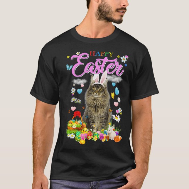 Bunny Maine Coon Cat Happy Easter Eggs  T-Shirt (Front)
