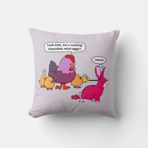 Bunny makes chocolate poop funny cartoon Purple Throw Pillow