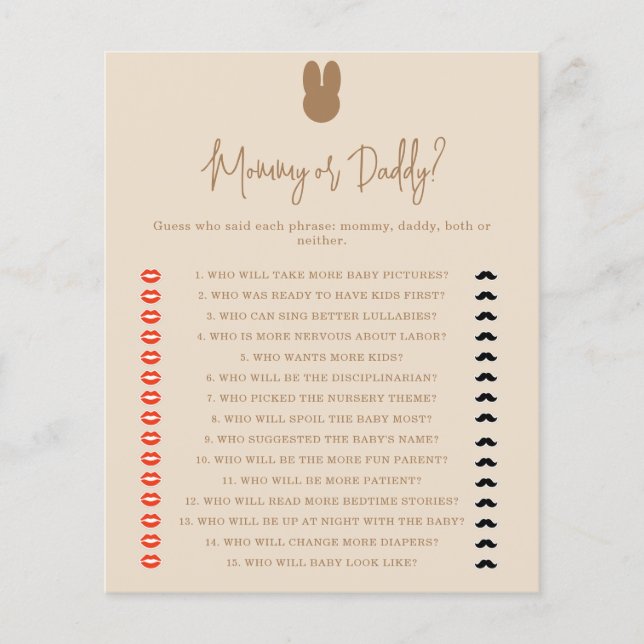 Bunny mommy or daddy baby shower game (Front)