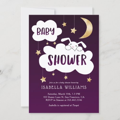 Bunny Moon Stars Purple Gold Baby Shower Invitation