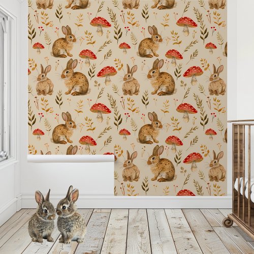 Bunny Mushroom Animals Nursery Childs room Wallpaper
