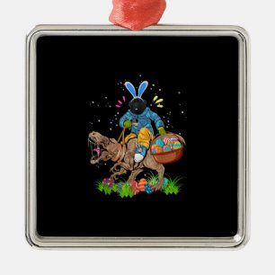 Bunny Newfoundland Dog Riding Dinosaur Easter Metal Ornament