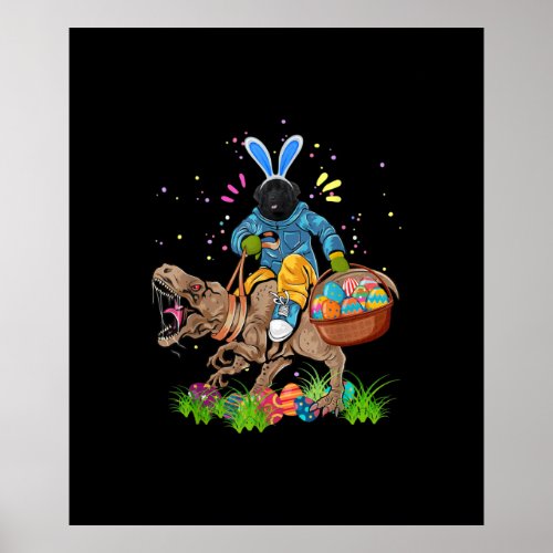 Bunny Newfoundland Dog Riding Dinosaur Easter Poster