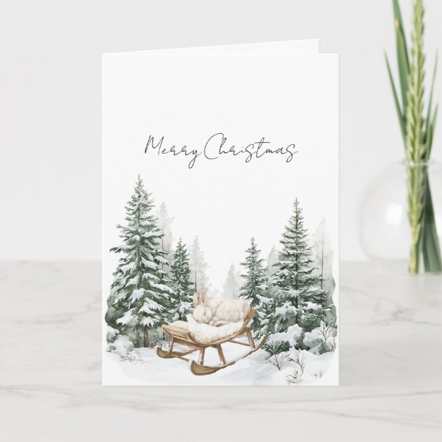 Bunny on Sleigh Snow Christmas Pine Trees Card (Front)