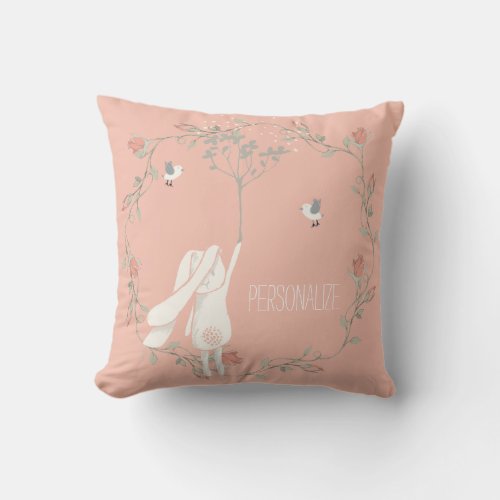 Bunny On The Breeze Floral Wreath Personalized Throw Pillow