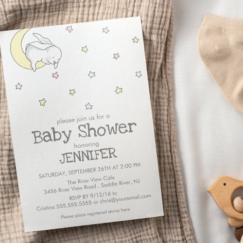 Bunny on the moon  gender neutral baby shower invitation