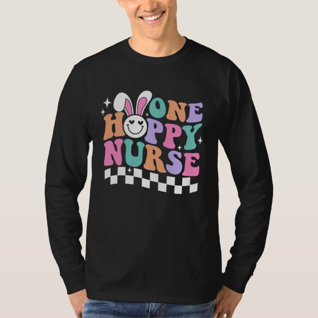 Bunny One Hoppy Nurse Happy Easter Day Groovy Retr T-Shirt (Front)