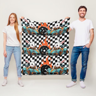 Bunny Orange Car Racing Print Fleece Blanket