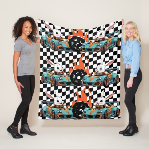 Bunny Orange Car Racing Print  Fleece Blanket