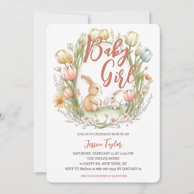 Bunny Oval Tulip Frame Spring Girl Baby Shower Invitation (Front)