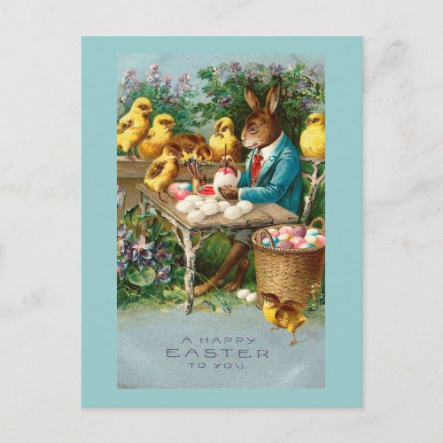 Bunny Painting Easter Eggs Vintage Holiday Postcard