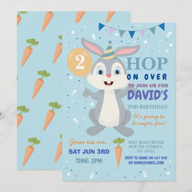Bunny Party Birthday Rabbit Boys Blue Easter  Invitation (Front/Back)