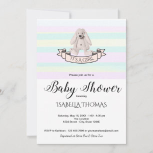 Bunny Pastel Pink Blue Yellow Stripes Baby Shower Invitation
