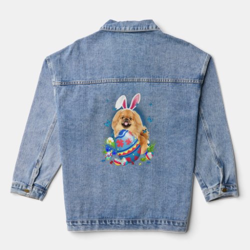 Bunny Pekingese With Egg Basket Easter Flower Hunt Denim Jacket