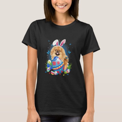Bunny Pekingese With Egg Basket Easter Flower Hunt T_Shirt