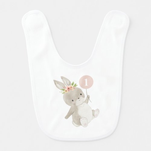 Bunny Pink Balloon 1st Birthday Baby Bib