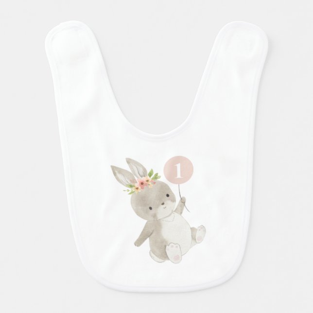Bunny Pink Balloon 1st Birthday Baby Bib (Front)
