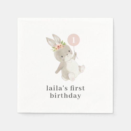 Bunny Pink Balloon 1st Birthday Napkins