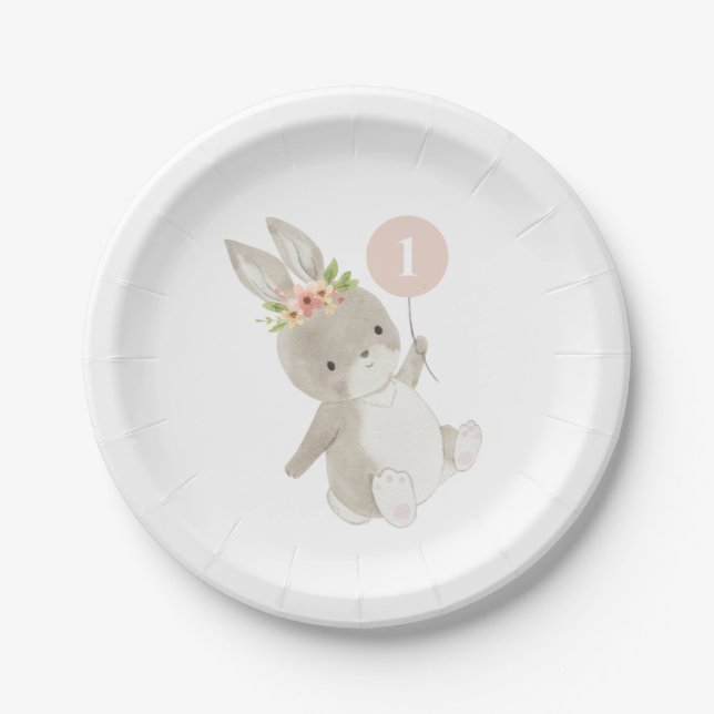Bunny Pink Balloon 1st Birthday Paper Plates (Front)