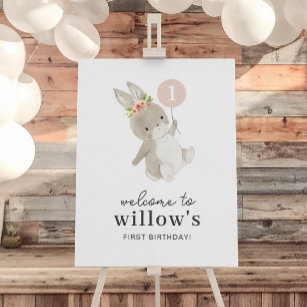 Bunny Pink Balloon 1st Birthday Welcome Sign