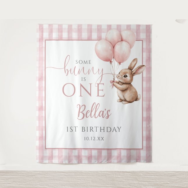 Bunny Pink Balloons 1st Birthday Backdrop (Front)