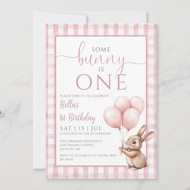 Bunny Pink Balloons Photo 1st Birthday Party Invitation (Front)