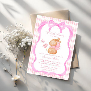 Bunny pink bow baby shower invitation