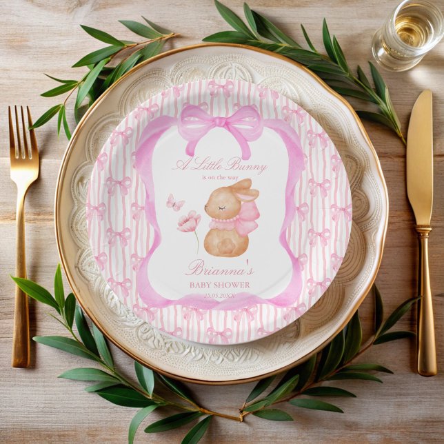 Bunny pink bow baby shower monogrammed paper plates (Bunny pink bow baby shower monogrammed paper plates personalized table decor printed paper plates)