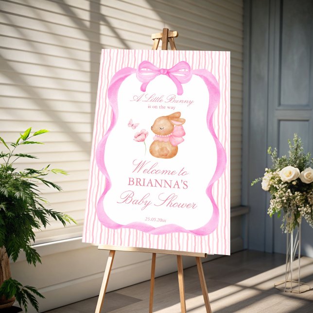 Bunny pink bow baby shower welcome sign (Bunny pink bow coquette spring girls baby shower welcome sign board personalized decor)