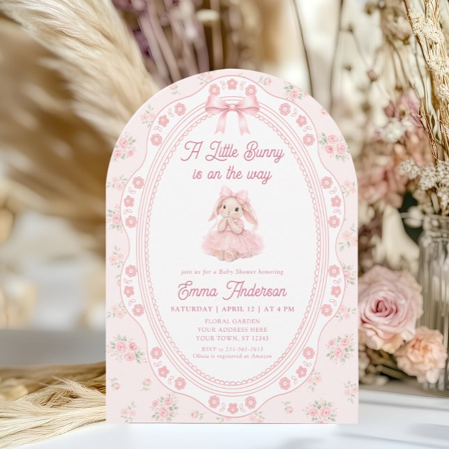 Bunny Pink Bow Floral Baby Shower Invitation (Creator Uploaded)