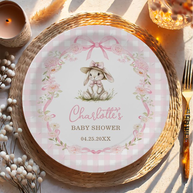 Bunny Pink Bow Gingham Baby Shower Paper Plates (Creator Uploaded)