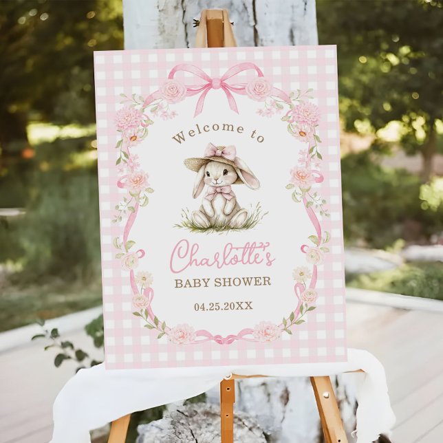 Bunny Pink Bow Gingham Baby Shower Welcome Foam Board (Creator Uploaded)