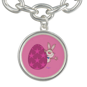 Bunny & Pink Egg Silver Round Charm Bracelet